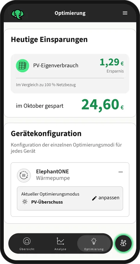 Die Elephant-Power-App, Seite Optimierung: heutige Ersparnis durch PV-Eigenverbrauch, im Monat gespart, und die ElephantONE im Modus PV-Überschuss.