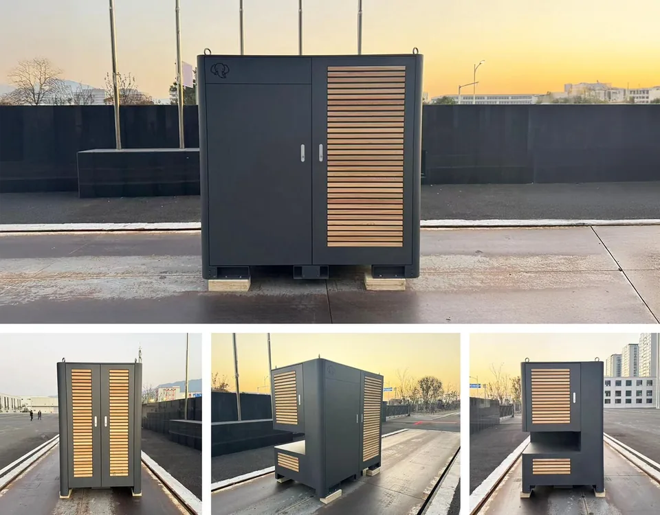 Fünf Ansichten des Elephant-Power-Prototyps mit Holzlamellen-Tür im Freien.